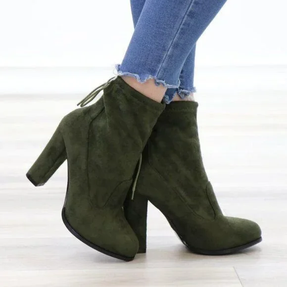 Ankle Heeled Boots High Block Heel Round Toe Olive Green Faux Suede High Shaft - Picture 8 of 15